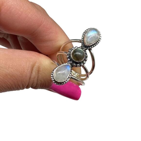 Rainbow Moonstone & Labradorite Ring Size 7.5 Solid 925 Sterling Silver - Picture 5 of 9